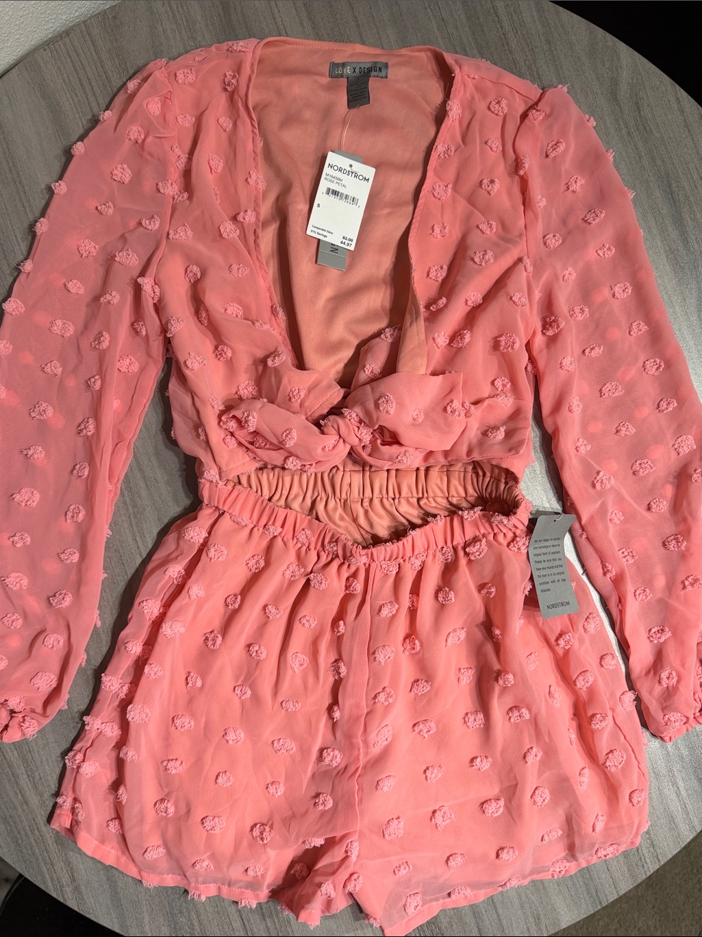 Love & Design Rose Petal Pink Short Romper Soft Coral Summer Sheer Cutout S Nwt